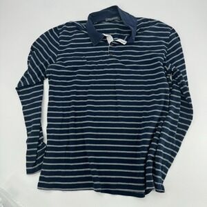 MLANM Men's Long Sleeve Navy Blue White Stripe Polo Shirt Size L Casual